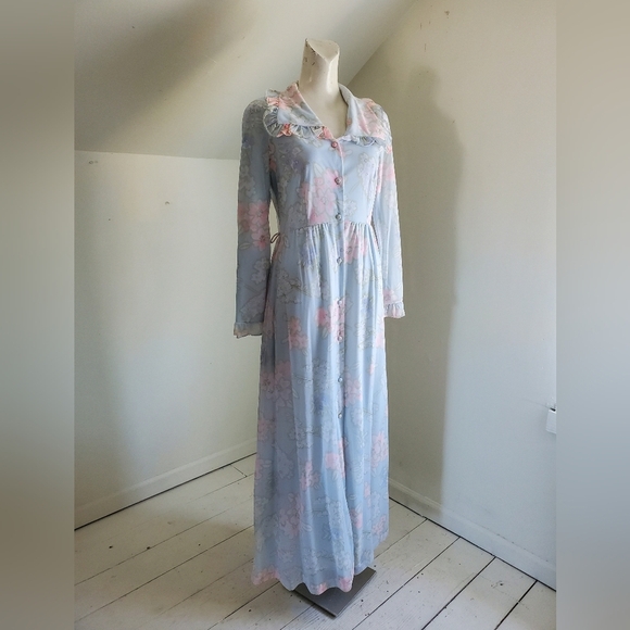60s 70s Vintage Vera Floral Print Long Sleeve Maxi House Dress - Picture 3 of 10